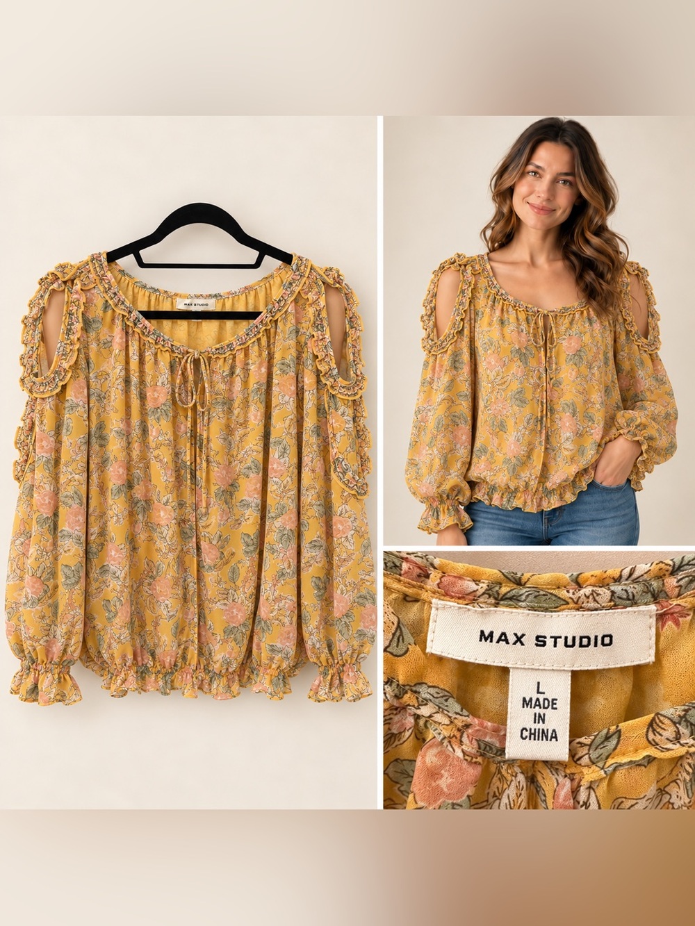 Max Studio Mustard Floral Cold-Shoulder Peasant Blouse